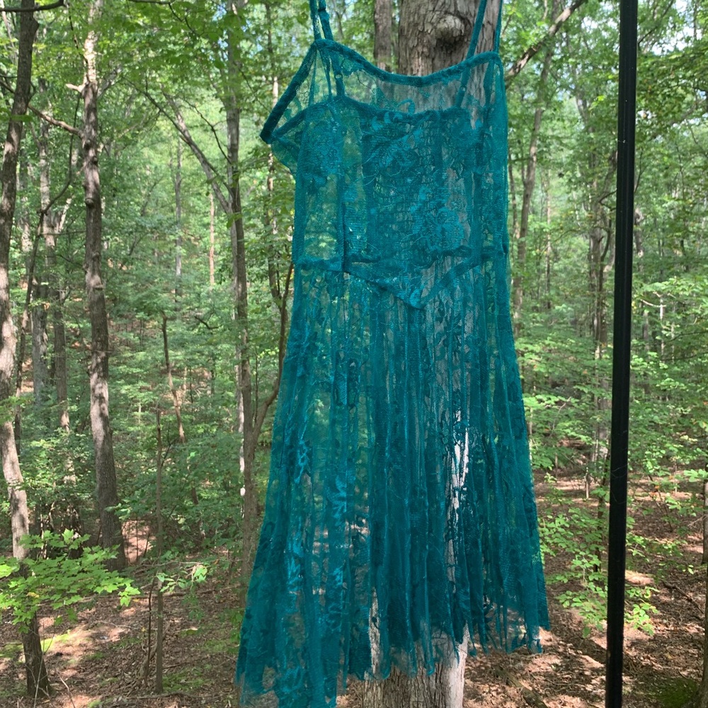 Metallic teal lace dress